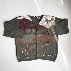 vtg Northern Treasures‎ green fox duck horse mushroom cardigan sweater XL